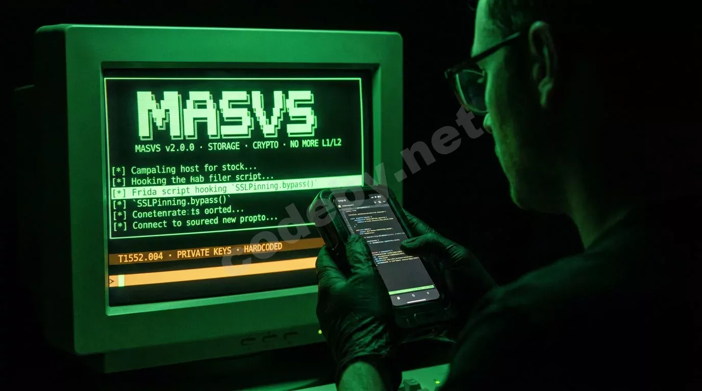 Пентестер держит смартфон в отладочном кронштейне, зелёный свет терминала отражается на руках и очках. Монитор с фосфорным дисплеем освещает тёмную комнату.