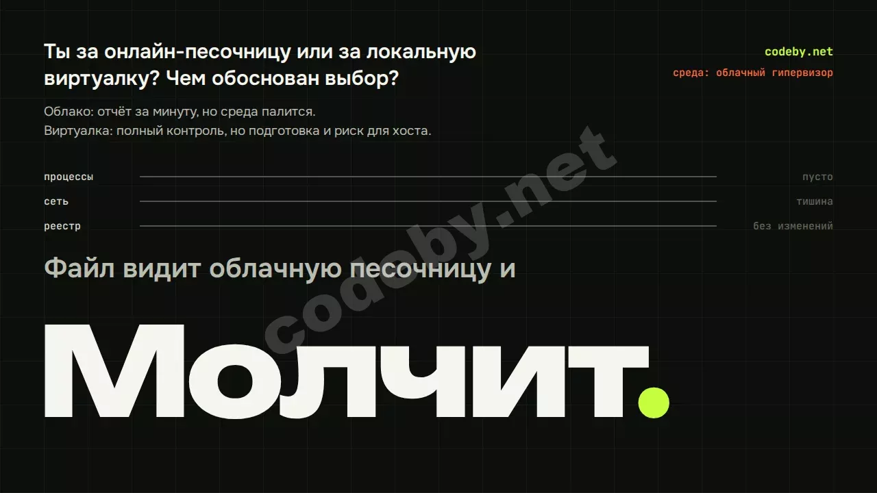 Файл видит облачную песочницу и молчит. Ты за онлайн-песочницу или за локальную виртуалку?
