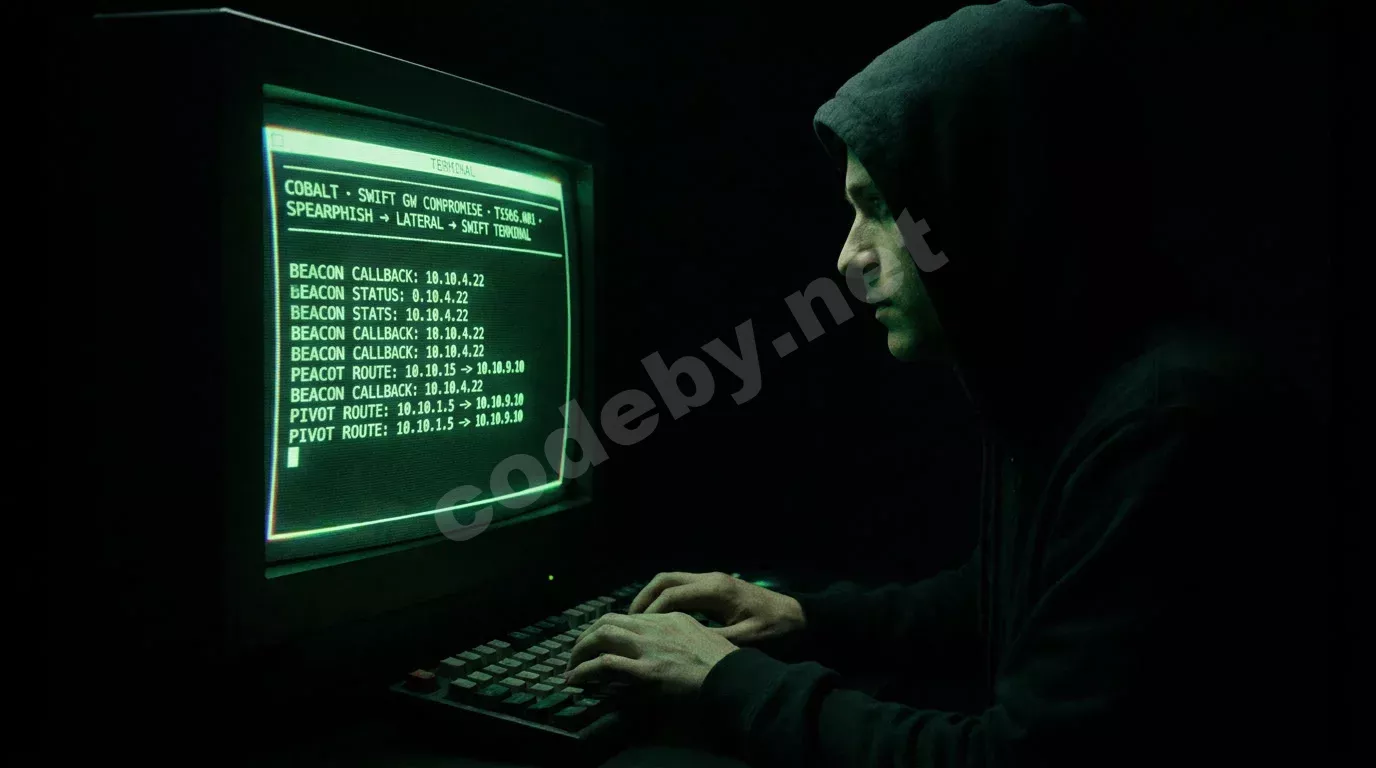 Оператор в профиль, освещённый зелёным свечением монитора с терминалом и строками кода атаки SWIFT. Темнота комнаты, зернистость плёнки, свет падает на руки и лицо.