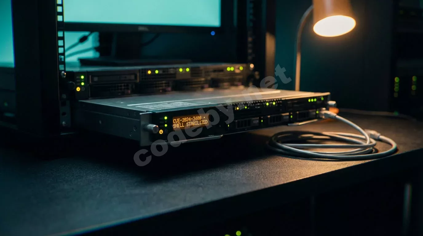 Серверный блейд, наполовину извлечённый из стойки, с янтарной надписью на LCD-панели. Тёплый свет настольной лампы падает на металл, рядом свёрнутый кабель уходит в тень.