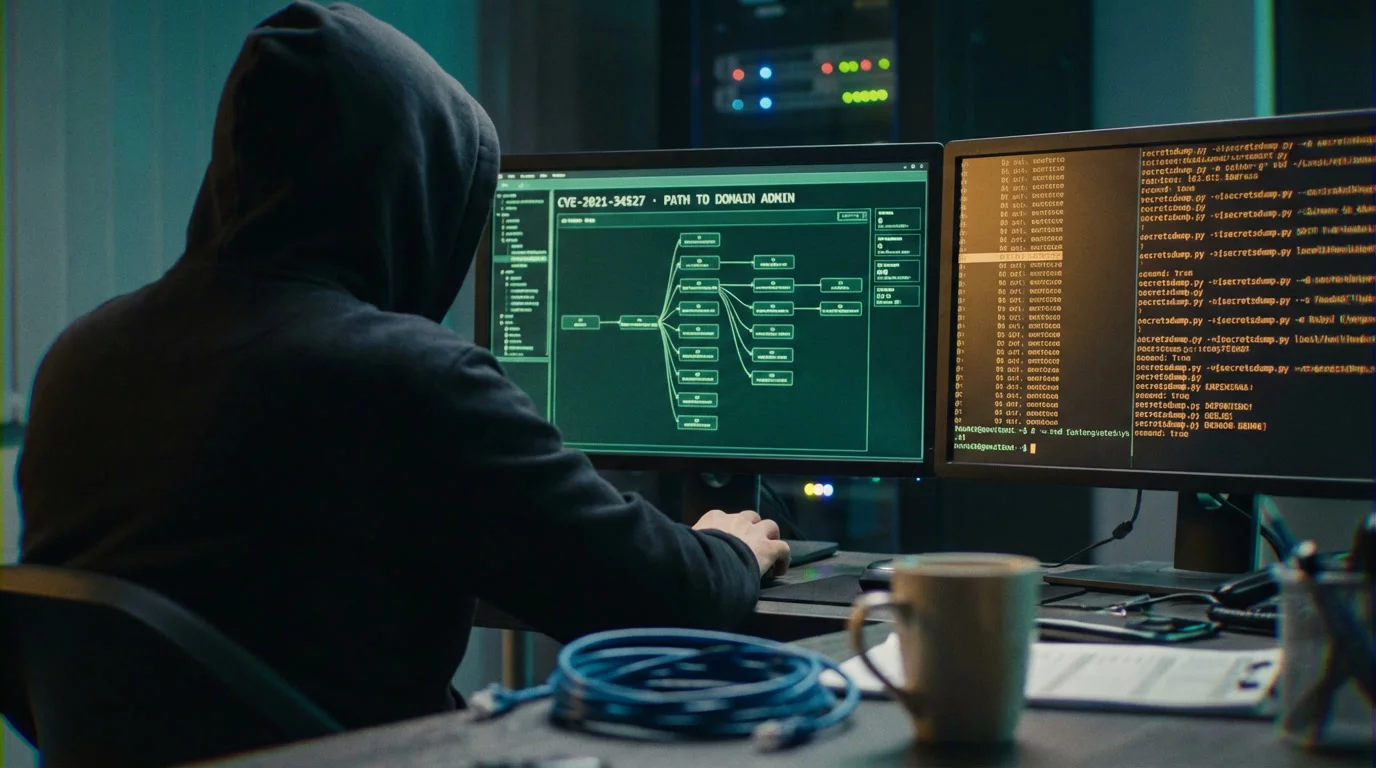 Пентест Active Directory — терминал с графом BloodHound и цепочкой эскалации привилегий до Domain Admin