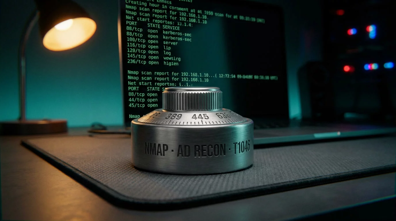 Кодовый замок на тёмном антистатическом коврике с выгравированными номерами портов на циферблате. На размытом экране ноутбука светится зелёный терминал с результатами сканирования.