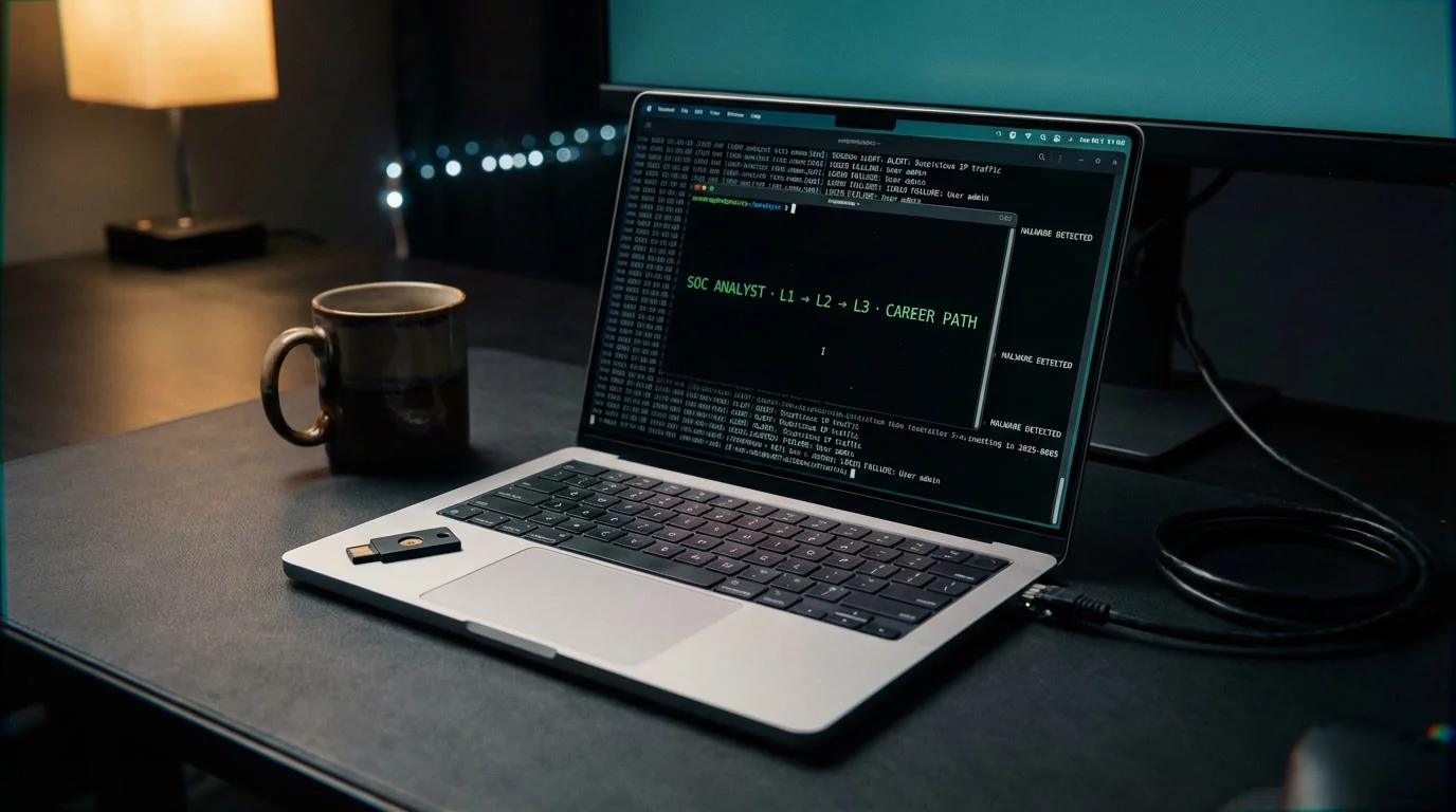 Ноутбук на тёмном столе светится терминалом с путём карьеры SOC-аналитика. Рядом лежат YubiKey и кофейная кружка, в тени тянется витой кабель.