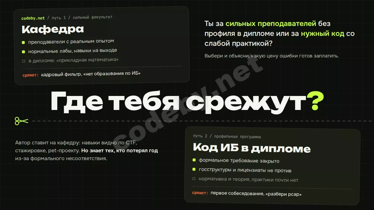 Где тебя срежут? Кафедра без кода ИБ в дипломе или профильный код без практики