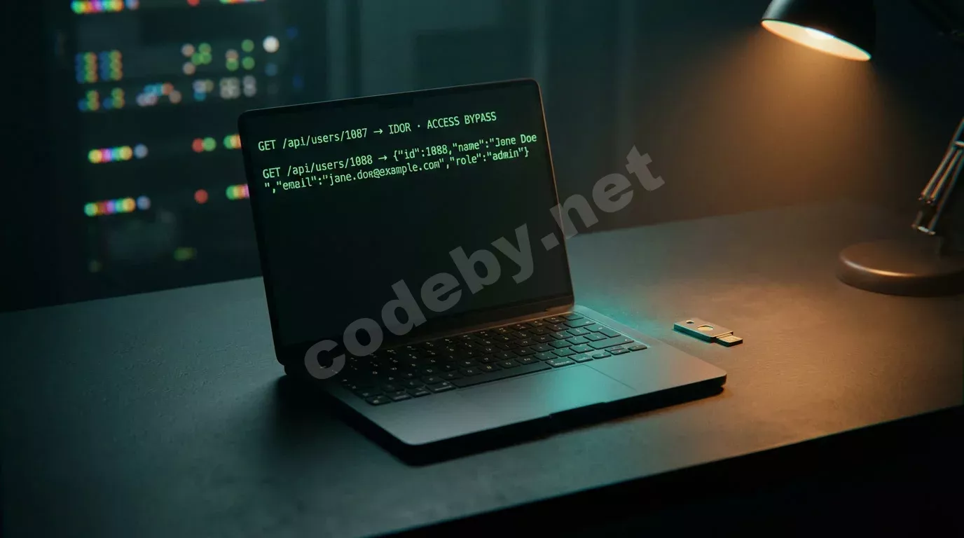 Полуоткрытый ноутбук на тёмном столе с зелёным кодом в терминале. Рядом лежит ключ безопасности в холодном бирюзовом свечении экрана.