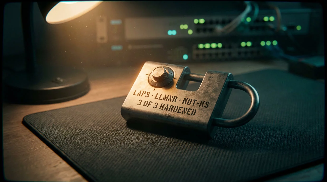 Кодовый замок на тёмном антистатическом коврике с надписями, выгравированными в стали. Янтарный свет настольной лампы освещает замок, фон растворяется в тёмно-бирюзовой тени с размытыми огнями сете...