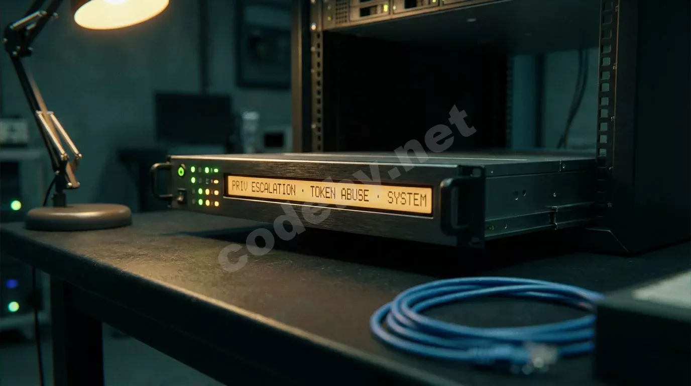 Серверный блейд выдвинут из тёмной стойки, на его ЖК-панели светится янтарный текст. Тёплый свет лампы выхватывает металл, остальное тонет в сине-серой тени.