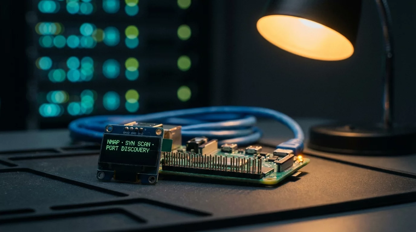 Одноплатный компьютер с открытыми контактами на тёмном антистатическом коврике. Экран отображает зелёный текст, янтарный светодиод светится рядом, в боке мерцают огни серверов.