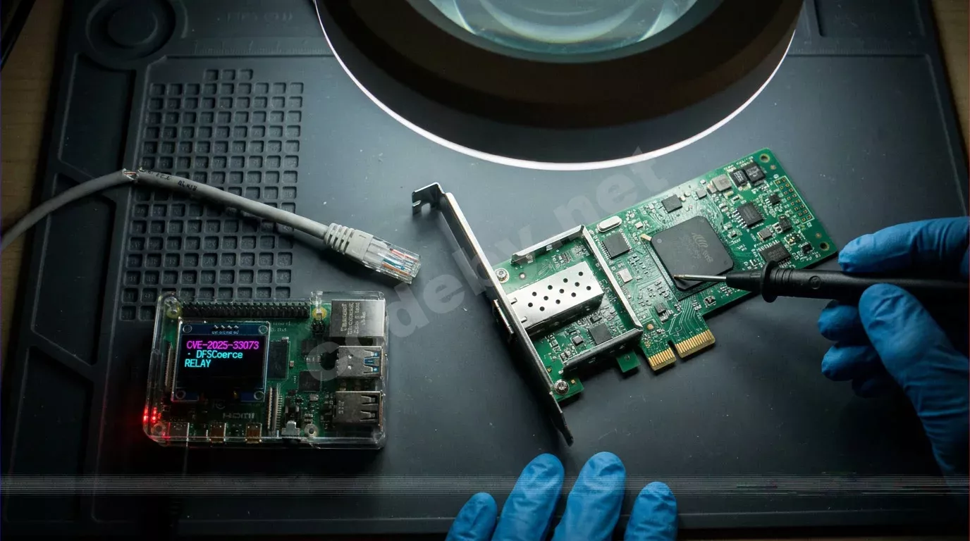 Разобранная сетевая карта на антистатическом коврике, рядом Raspberry Pi с экраном, отображающим данные об атаке. Пальцы в синих перчатках касаются логическим щупом чипа SMB-контроллера.