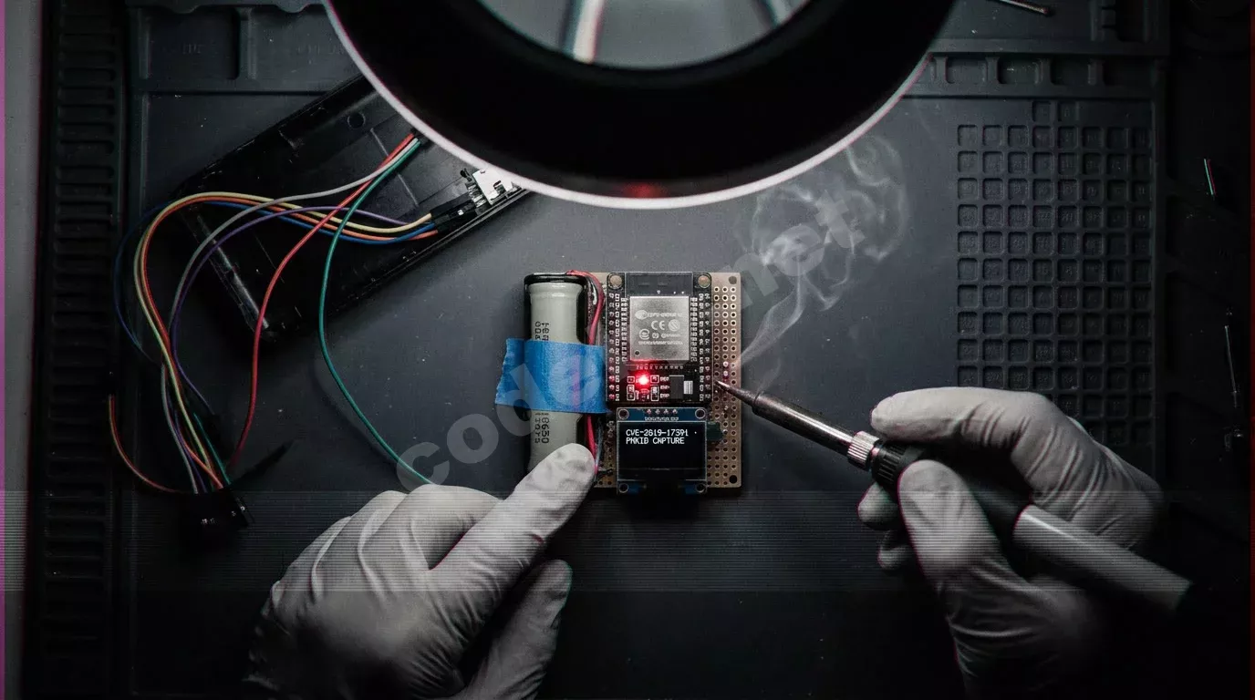Плата ESP32 с OLED-экраном, на котором отображается надпись о захвате PMKID, паяльник в руке в перчатке над платой, рядом аккумулятор 18650 и провода на антистатическом коврике.