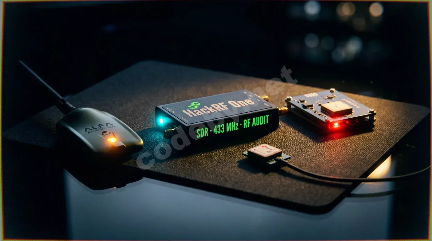 Плата HackRF One, Wi-Fi адаптер Alfa AWUS036ACH и Proxmark3 лежат треугольником на тёмном антистатическом коврике, подсвеченные жёстким янтарным светом. Индикаторы мигают голубым, оранжевым и красн...