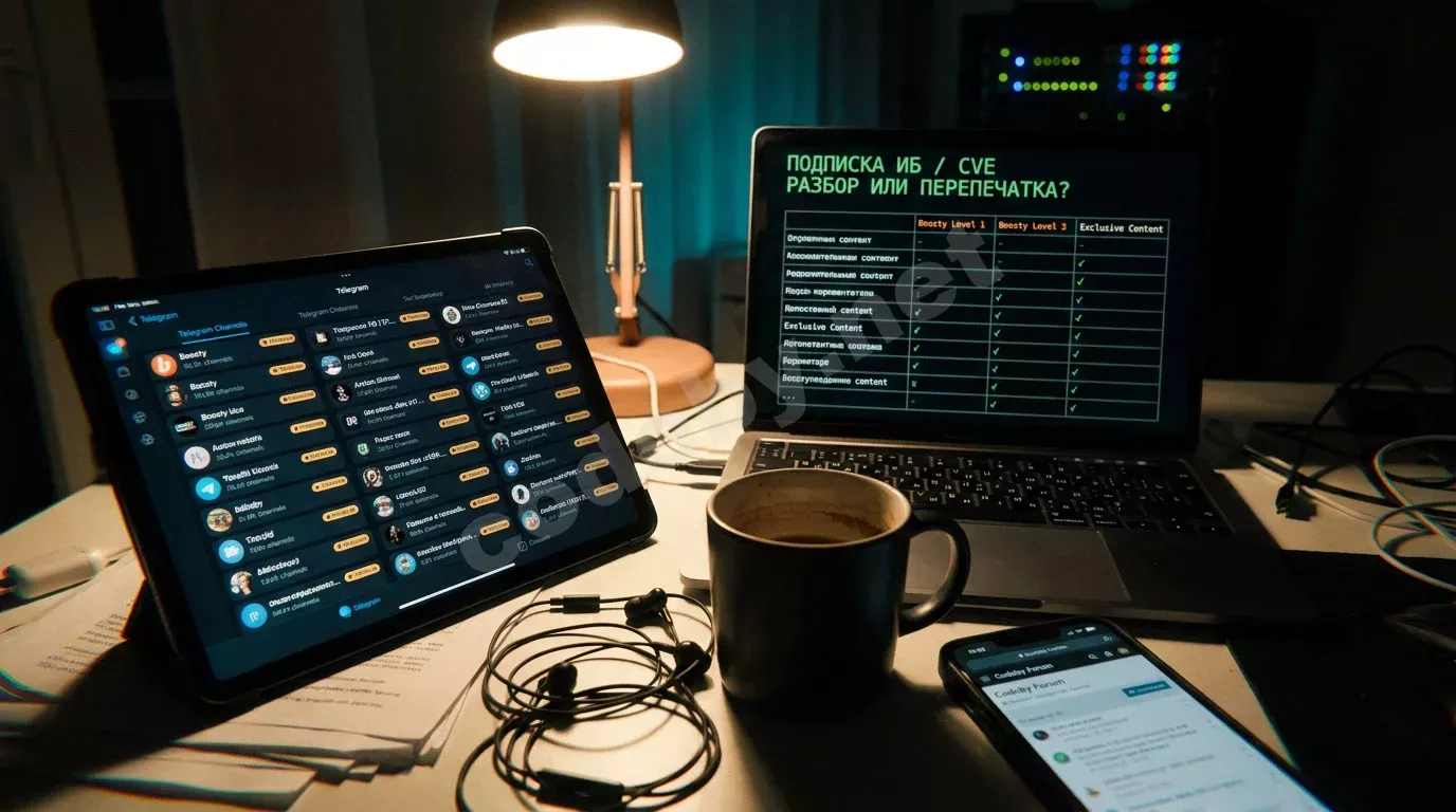 Ночной рабочий стол исследователя: планшет с лентой Telegram-каналов и жёлтыми метками PREMIUM рядом с ноутбуком, экран которого светится зелёным моноширинным текстом на тёмно-синем фоне. Вокруг...