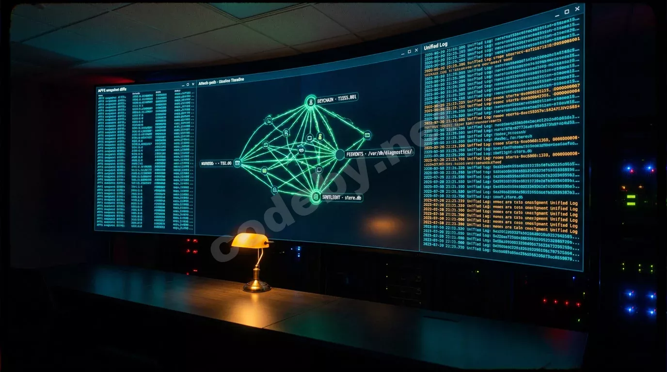 Тёмный зал SOC с изогнутым видеоэкраном, отображающим форензик-таймлайн APFS, поток Unified Log и граф атаки с метками Keychain, FSEvents и Spotlight. Янтарная лампа освещает матовую поверхность ст...