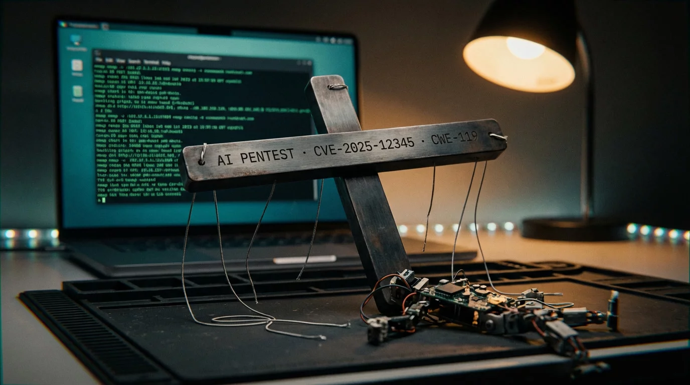 Стальная крестовина марионетки с обрезанными нитями над разобранной платой. Экран ноутбука отбрасывает бирюзовый свет терминала на сцену.