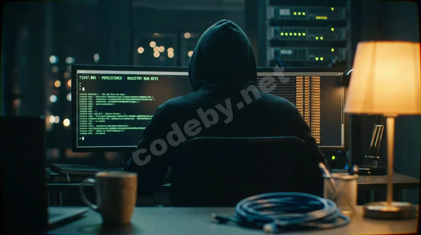 Исследователь безопасности за тёмной рабочей станцией с двумя мониторами: на одном — зелёный терминал с кодом persistence, на другом — трассировка процессов. Мягкое свечение экранов, кинематографич...