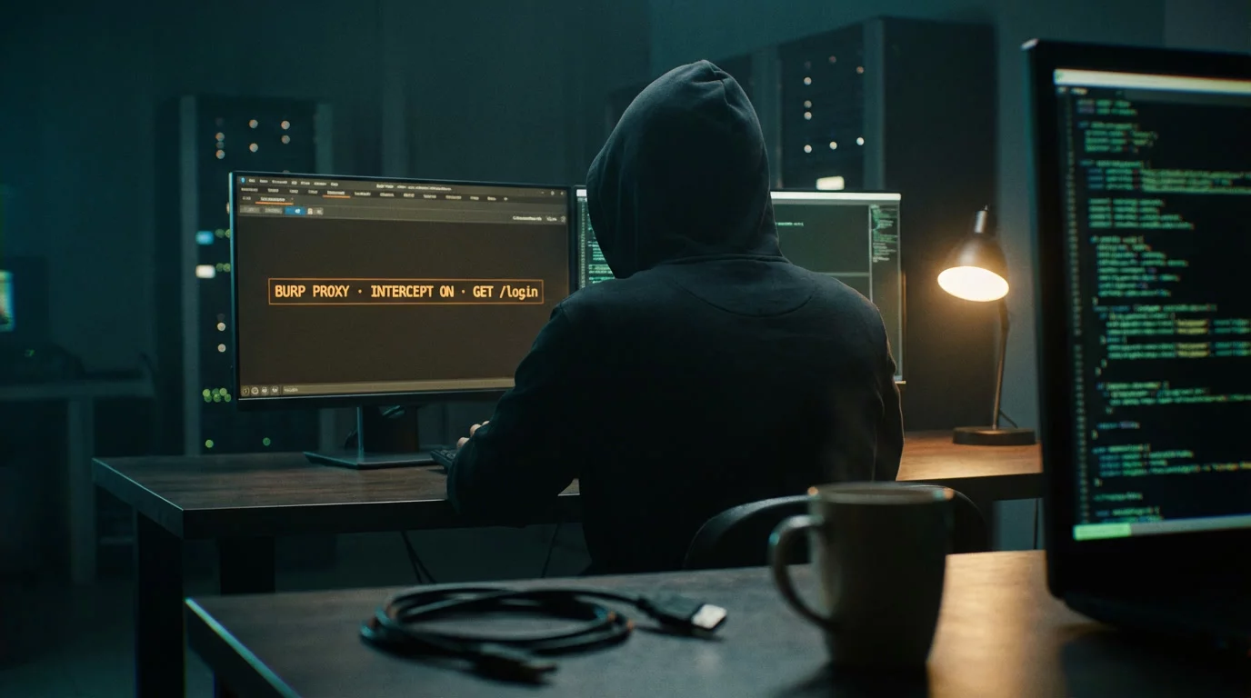 Исследователь безопасности за тёмным столом, два монитора освещают комнату. На экранах — интерфейс перехвата HTTP-запросов в янтарном и зелёном свете.