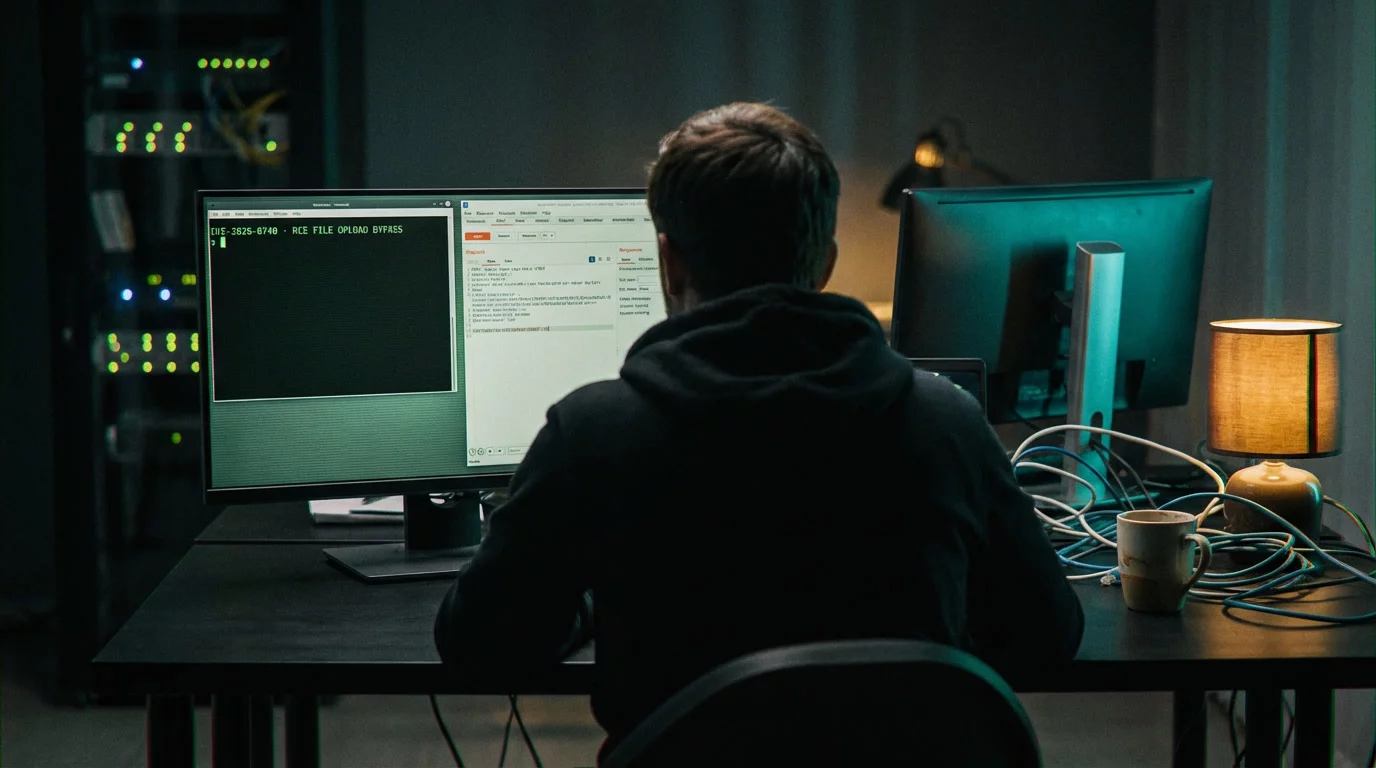 Исследователь безопасности за тёмным столом, два монитора освещают комнату: на экране терминал с зелёным текстом и окно Burp Suite, рядом спутанные кабели и кружка кофе.