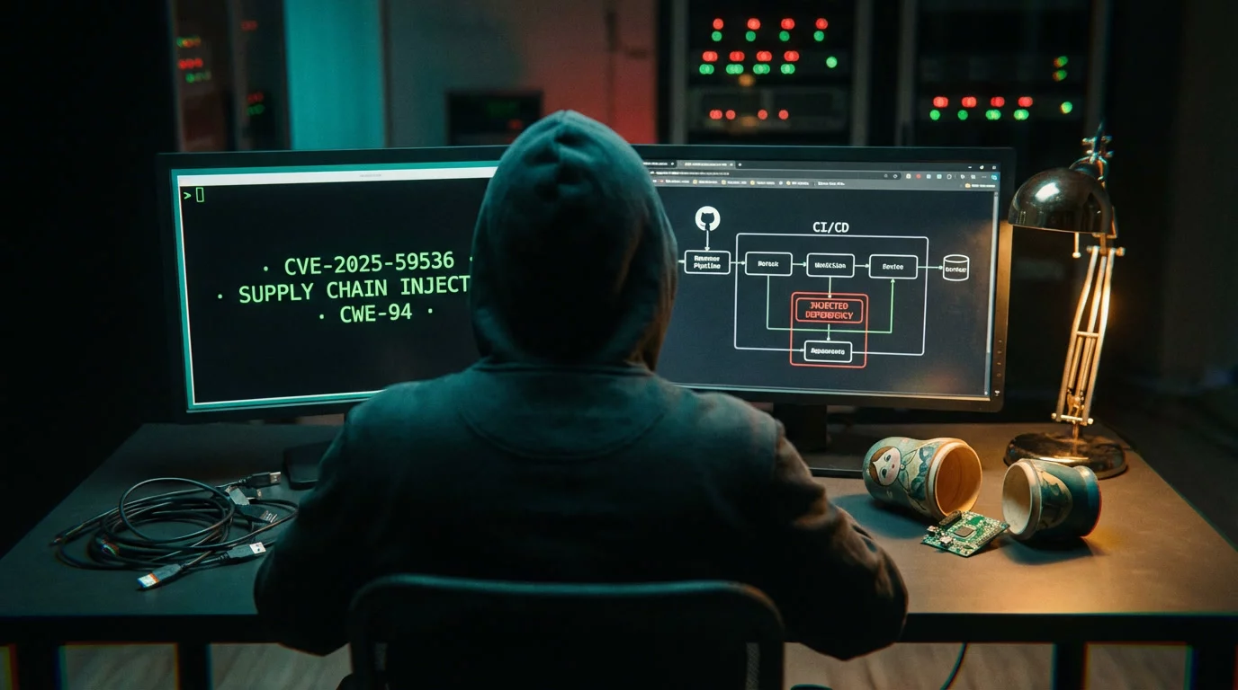 Исследователь безопасности за тёмной рабочей станцией с двумя мониторами. На столе треснувшая матрёшка с платой внутри, экраны отбрасывают синеватый свет.