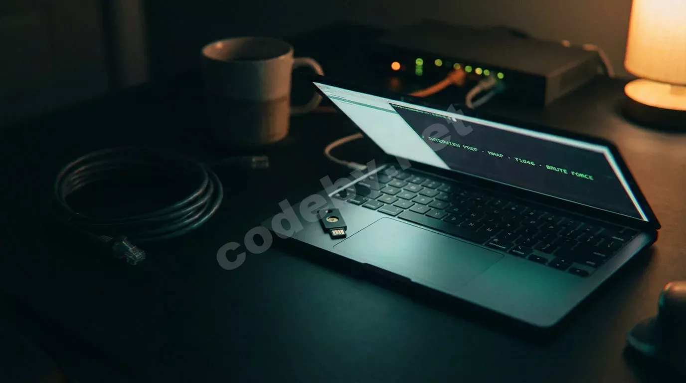 Ноутбук на чёрном столе с зелёным текстом терминала, рядом YubiKey и свёрнутый кабель. Синеватый свет монитора, зернистость плёнки, размытая кружка на фоне.