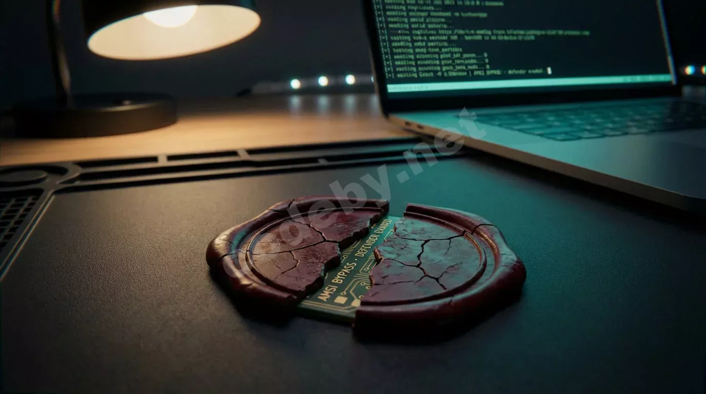 Треснувшая пополам сургучная печать на тёмном антистатическом коврике с платой внутри. Экран ноутбука отбрасывает зелёный свет на фрагменты алого воска.