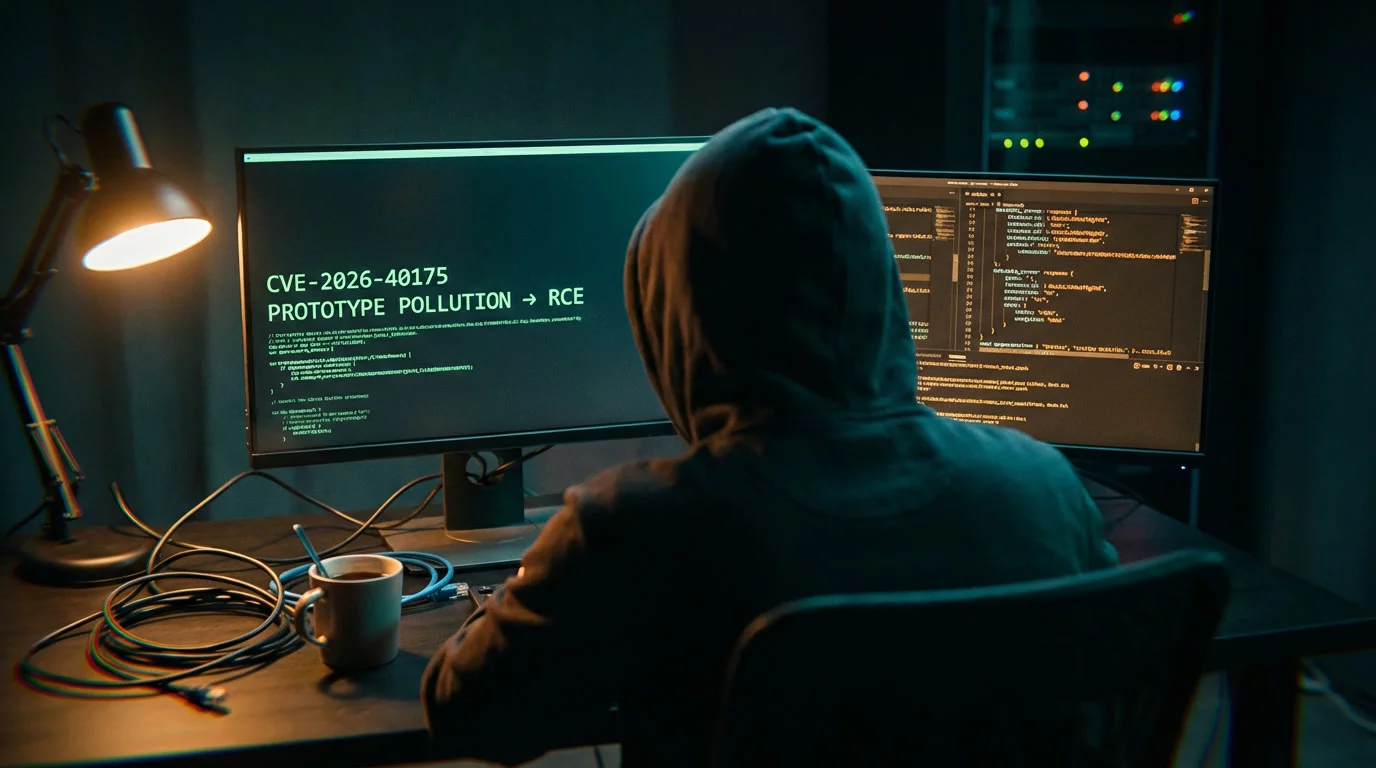 Исследователь безопасности сидит спиной к камере перед двумя тёмными мониторами с зелёным терминальным текстом и янтарными логами. Бирюзовый свет экранов падает на капюшон, глубокие тени поглощают...