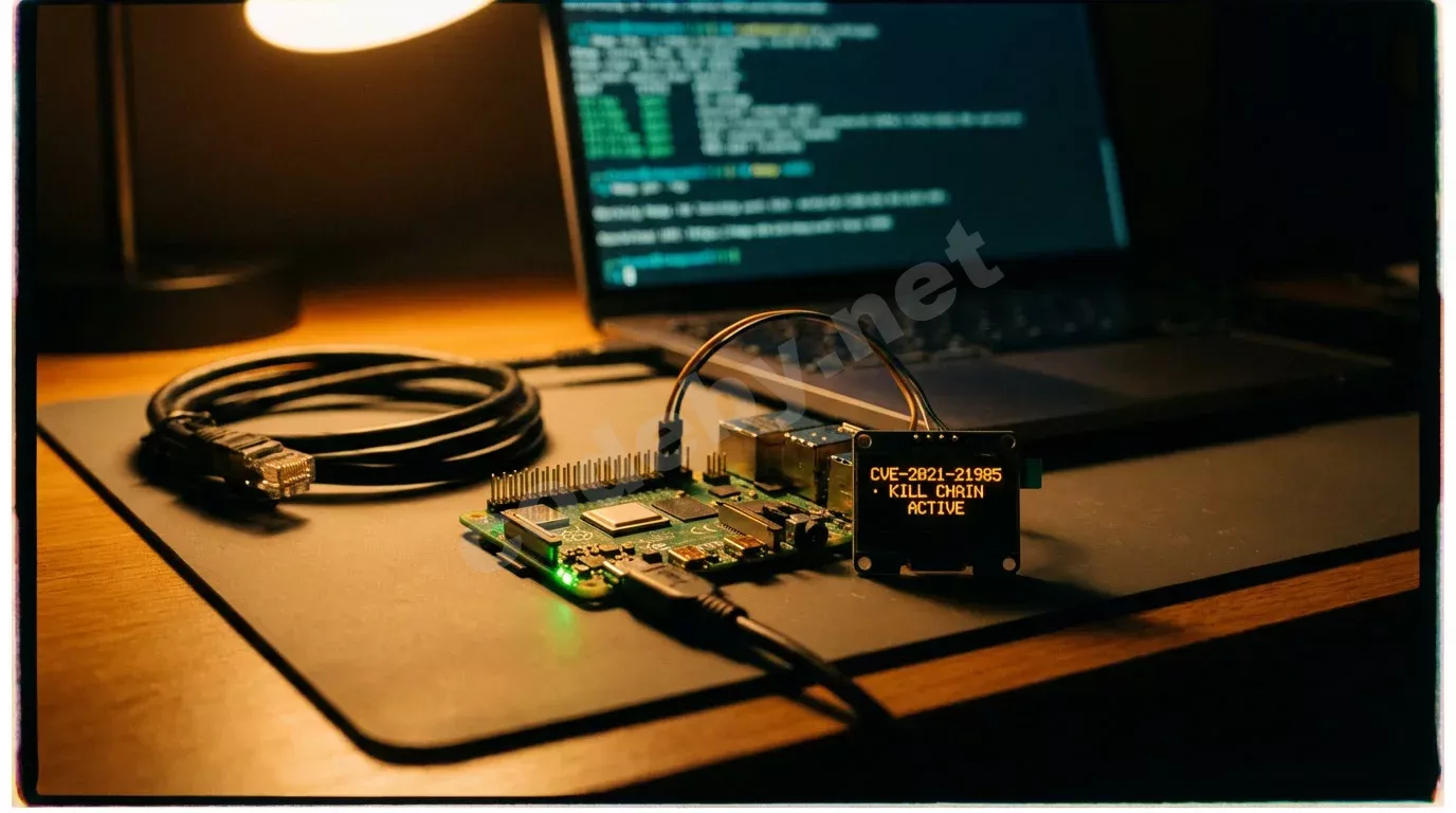 Raspberry Pi с открытыми контактами GPIO на антистатическом коврике рядом с кабелем. Экран ноутбука в боке светится бирюзой, янтарный свет лампы падает на плату.