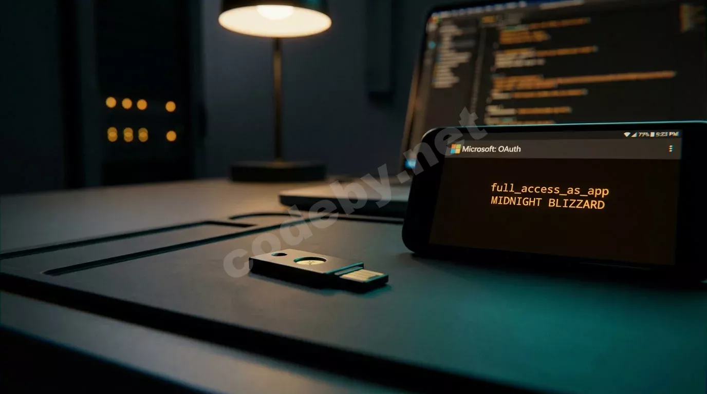 USB-токен безопасности и смартфон с запросом OAuth на матовой чёрной подложке. Бирюзовое свечение, янтарный текст на экране, размытый ноутбук на фоне.
