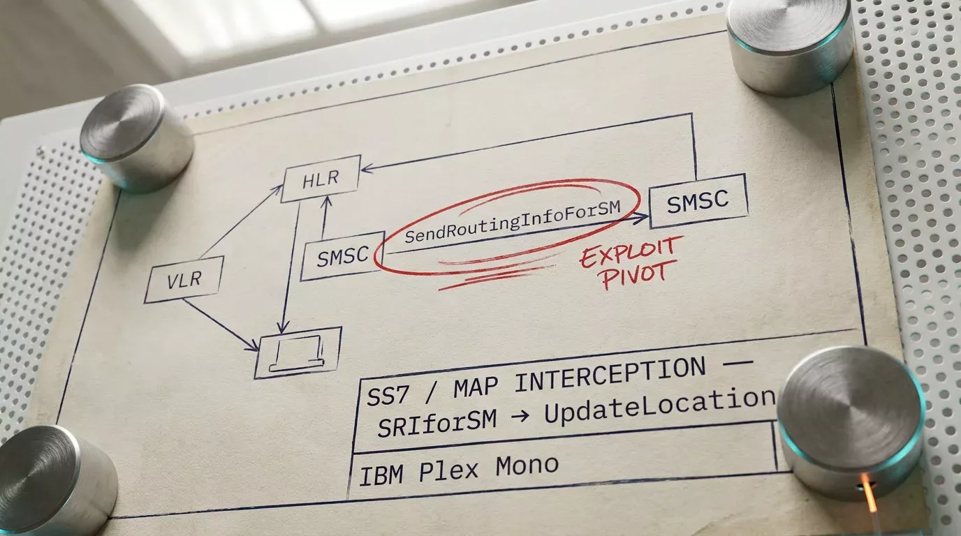 Синяя чертёжная схема сигнальной сети SS7 на плотной бумаге с узлами HLR, VLR и SMSC, соединёнными стрелками протокола MAP; запрос SendRoutingInfoForSM выделен красными чернилами как точка перехват...
