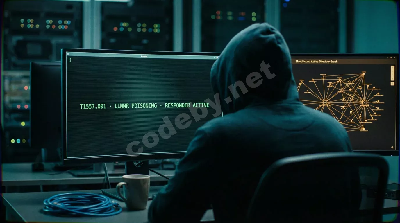 Исследователь безопасности со спины за тёмной рабочей станцией с двумя мониторами. На экранах — зелёный терминал и граф Active Directory, бирюзовый свет мониторов освещает худи.