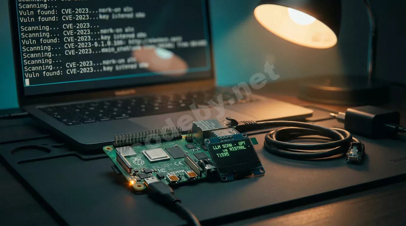 Одноплатный компьютер с открытыми контактами на тёмном антистатическом коврике, крошечный экран светится зелёным текстом. Рядом ноутбук с терминалом в тёплом янтарном свете.