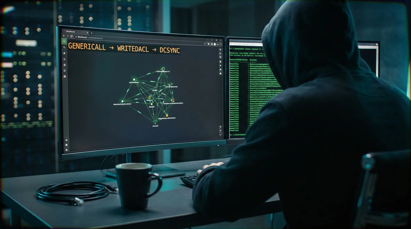 Исследователь безопасности за тёмной рабочей станцией с двумя мониторами: граф атак BloodHound и терминал PowerView. Янтарное свечение экранов освещает худи и стол.