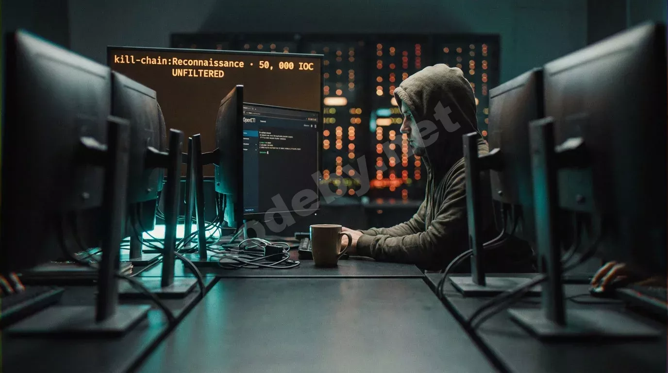 Тёмный операционный центр SOC ночью: аналитик в профиль подсвечен экраном с панелью MISP и янтарной строкой kill-chain, на втором мониторе терминал OpenCTI, вокруг размытые огни серверов.