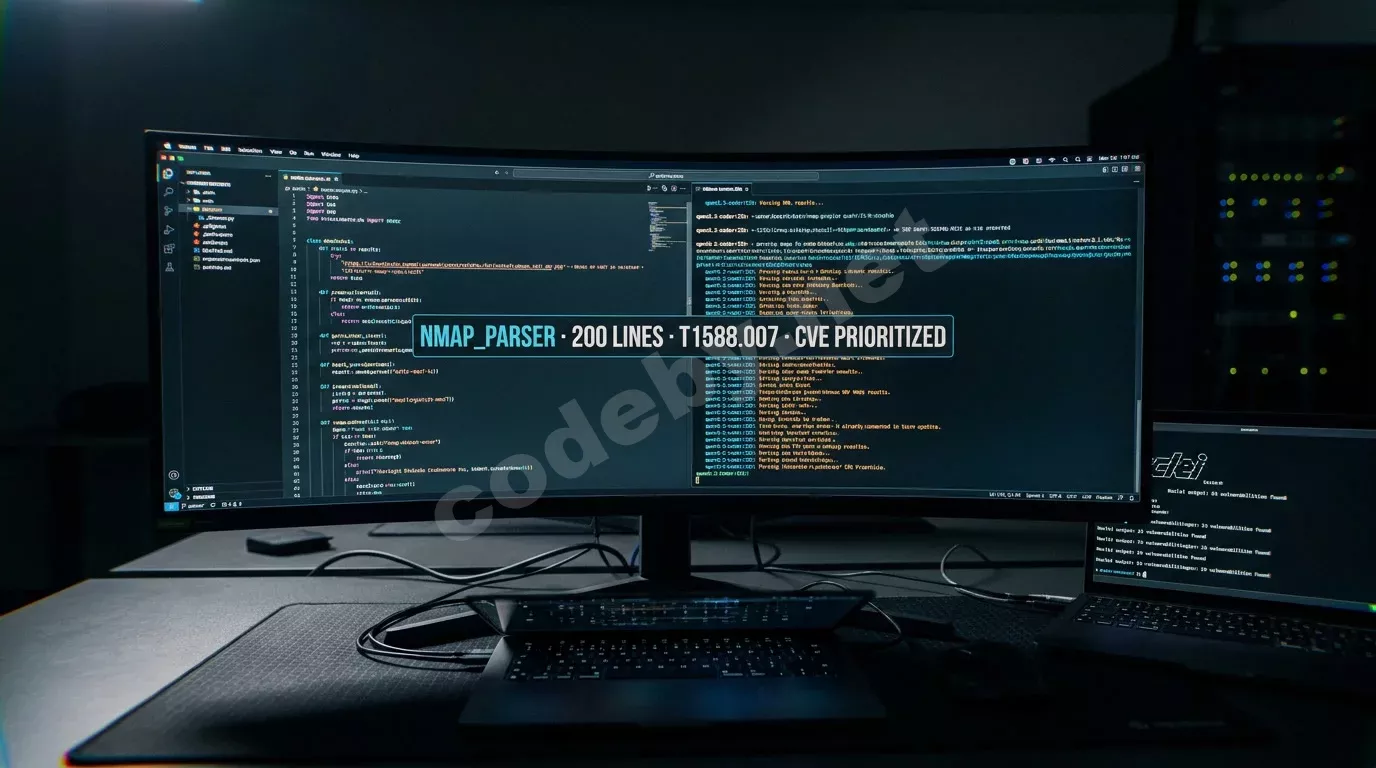 Тёмная лаборатория пентестера с изогнутым монитором, на экране код Python и терминал с результатами парсинга Nmap. Голубые и янтарные строки текста светятся в полумраке на фоне ноутбука с выводом N...