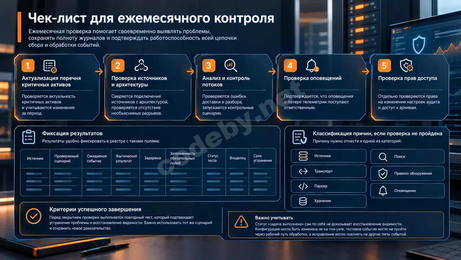 Инфографика «Чек-лист для ежемесячного контроля»: пять этапов проверки и таблица фиксации результатов