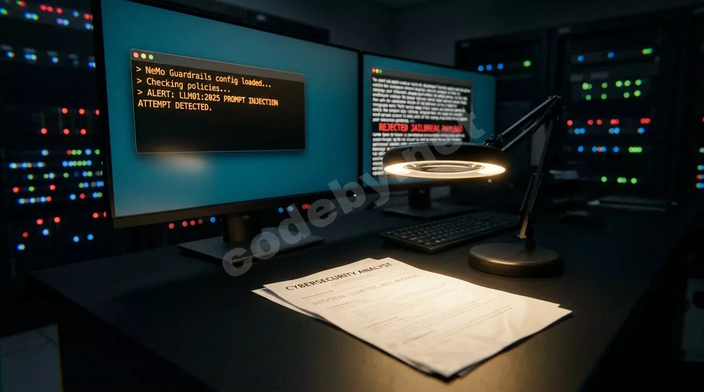 Тёмная лаборатория SOC ночью: на широком мониторе терминал с конфигурацией NeMo Guardrails и надписью «LLM01:2025 PROMPT INJECTION» янтарным шрифтом, на втором экране отклонённый вредоносный запрос...