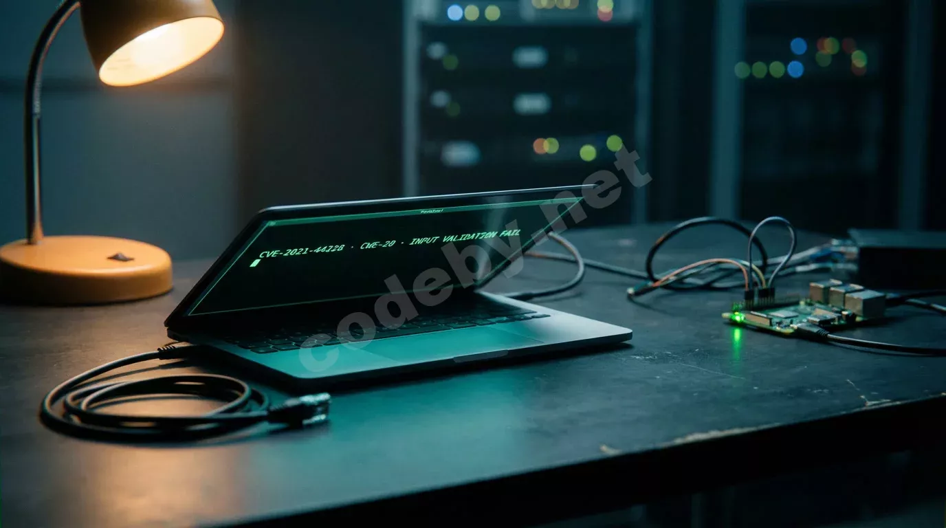 Полуоткрытый ноутбук на тёмном столе с терминалом, светящимся зелёным текстом CVE-идентификаторов. Рядом Raspberry Pi с мигающим светодиодом и свёрнутый кабель в мягком боке.