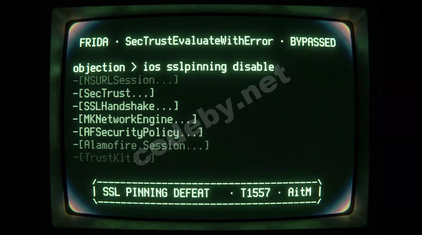 Монитор с зелёным текстом консоли Frida отображает перехват SSL-соединения. Янтарное свечение экрана растворяется в полной темноте комнаты.