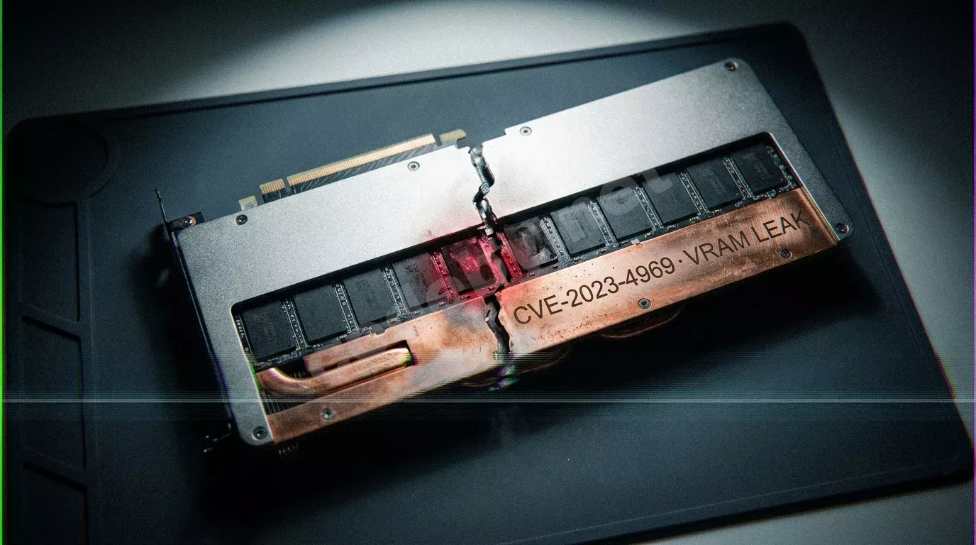 Разломанный корпус видеокарты RTX 4090 на антистатическом коврике, из трещины видны обожжённые чипы памяти с лазерной гравировкой CVE-2023-4969 VRAM LEAK, резкий верхний свет и глубокие тени.