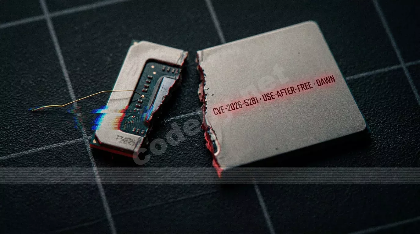Расколотый надвое кристалл GPU лежит на антистатическом коврике, из среза тянется золотая соединительная проволока. На уцелевшей половине лазером выгравирована надпись CVE-2026-5281 USE-AFTER-FREE...