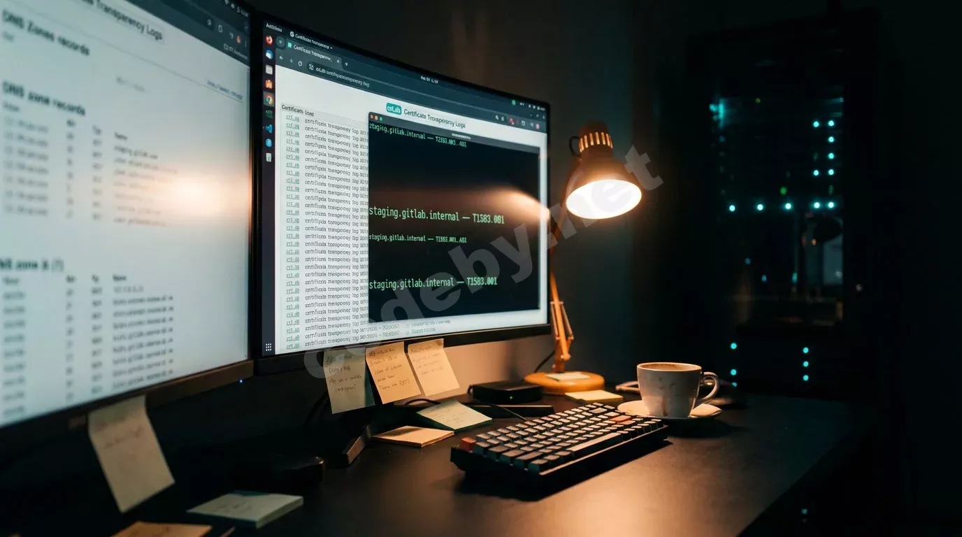 Ночное рабочее место OSINT-аналитика: широкий монитор с результатами поиска сертификатов на crt.sh и строкой staging.gitlab.internal, тёплый свет настольной лампы на фоне тёмной комнаты и размыты...