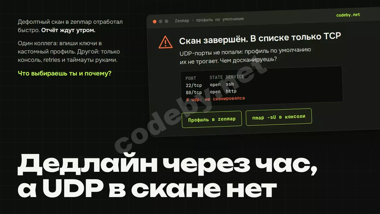 Дедлайн через час, а UDP в скане нет. Досканируешь профилем в zenmap или nmap -sU в консоли?