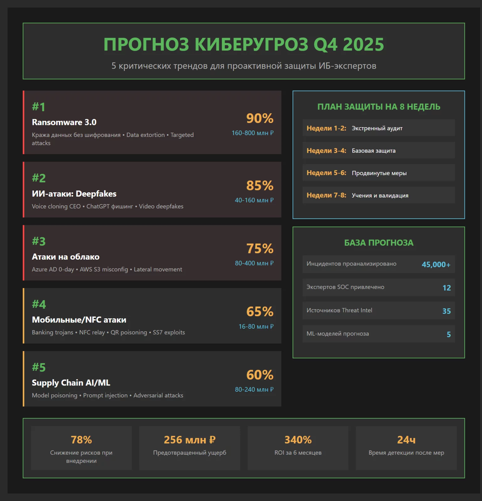Инфографика прогноз киберугроз Q4 2025 для экспертов ИБ: 5 критических трендов с вероятностью 60-90%, план защиты на 8 недель, потенциальный ущерб 16-800 млн рублей