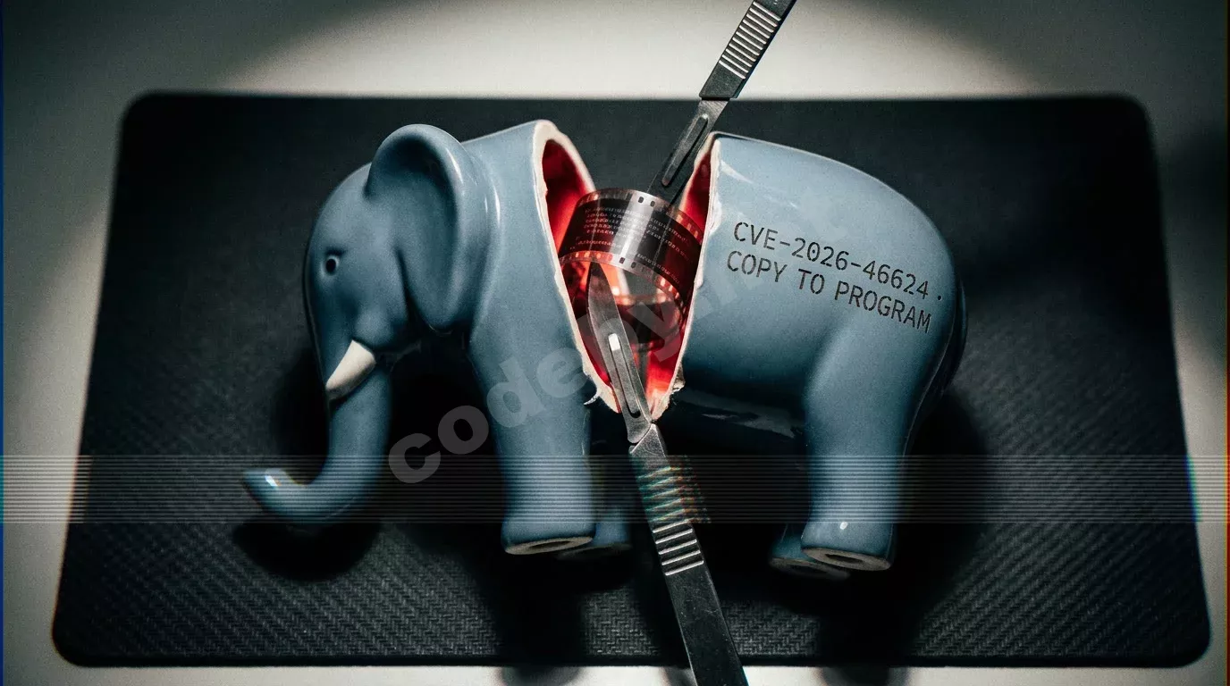 Керамическая фигурка слона в виде логотипа PostgreSQL, рассечённая пополам скальпелем на чёрном антистатическом коврике; внутри виден свиток со скриптом, на боку выгравирована надпись CVE-2026-4662...