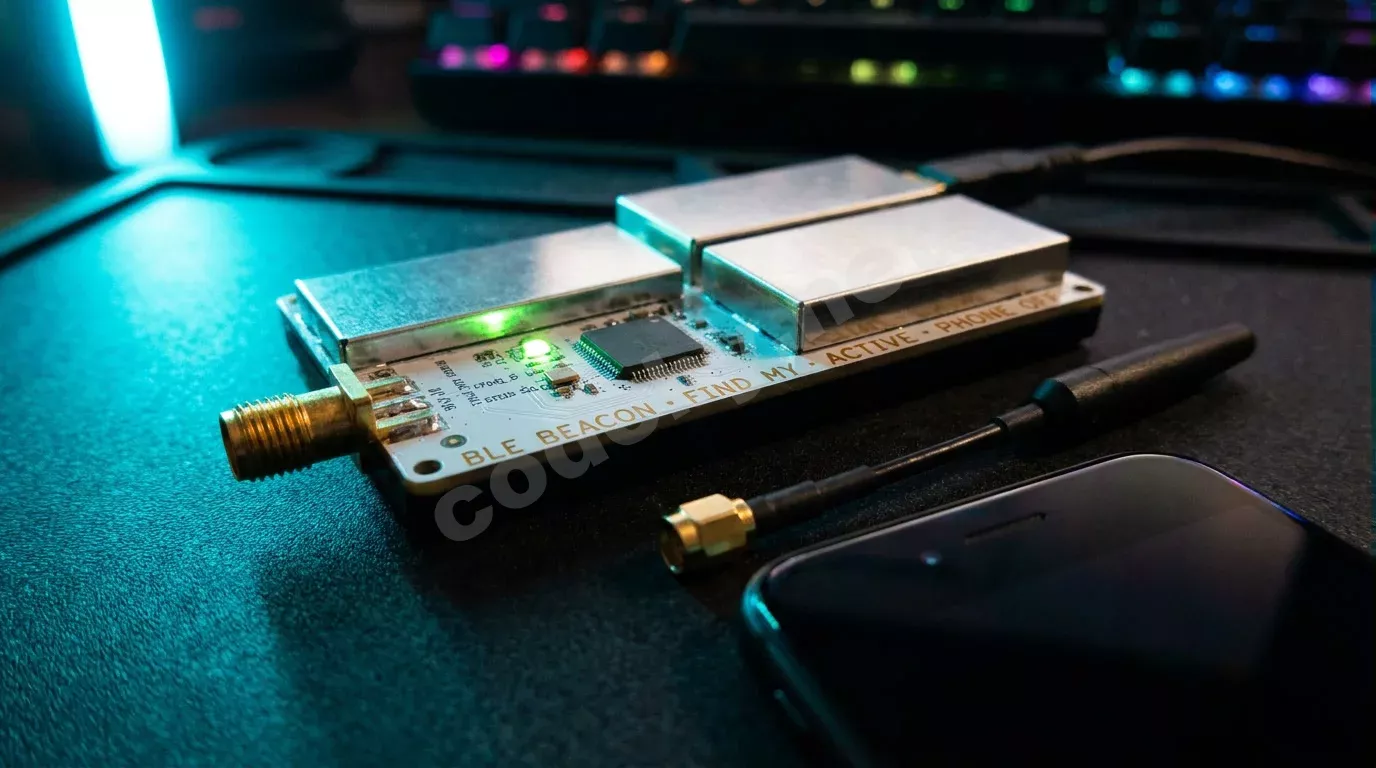 Макросъемка платы SDR-приемника HackRF One с латунным разъемом и антенной, направленной на смартфон с погасшим экраном. Резкий бирюзовый луч света выделяет плату на тёмном фоне, зелёный светодиод г...