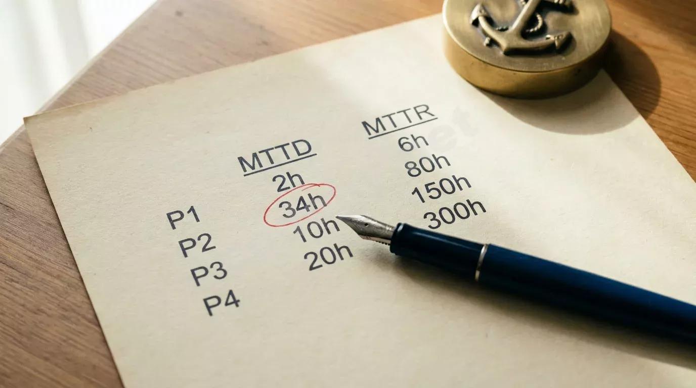 Плотный лист бумаги с таблицей метрик MTTD и MTTR по уровням серьёзности P1–P4, значение 34h обведено красной ручкой. Рядом лежат перьевая ручка с тёмно-синим колпачком и латунное пресс-папье, мя...