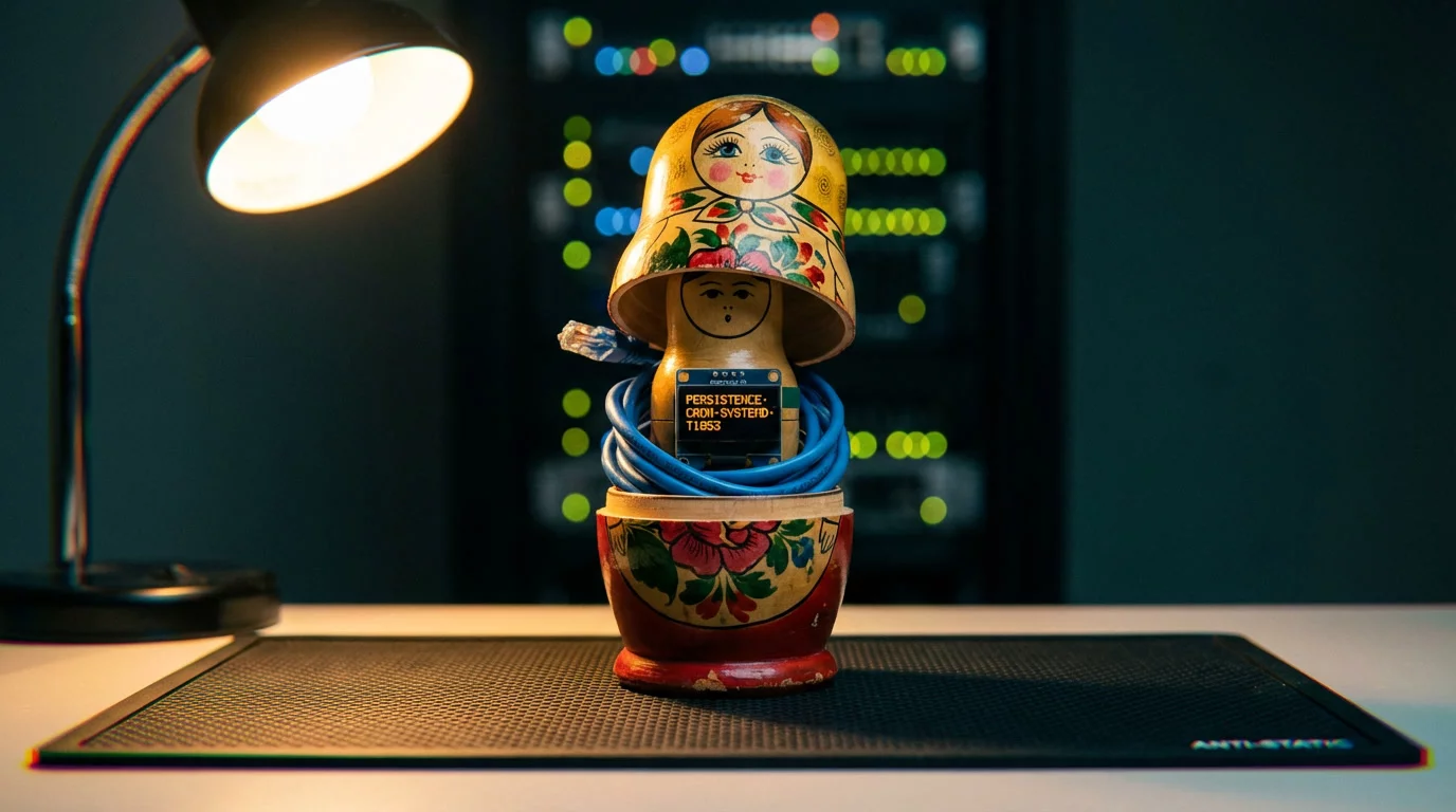 Матрёшка на тёмном антистатическом коврике: внешняя оболочка приоткрыта, внутри фигурка с кабелем и Raspberry Pi. Янтарный дисплей светится в тени, боке из огней серверной стойки.