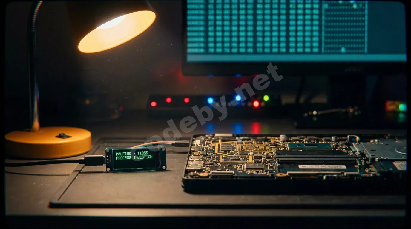 Материнская плата ноутбука на антистатическом коврике под тёплым светом лампы. Маленький OLED-экран отображает зелёный текст диагностики, в боке светится монитор с hex-дампом.