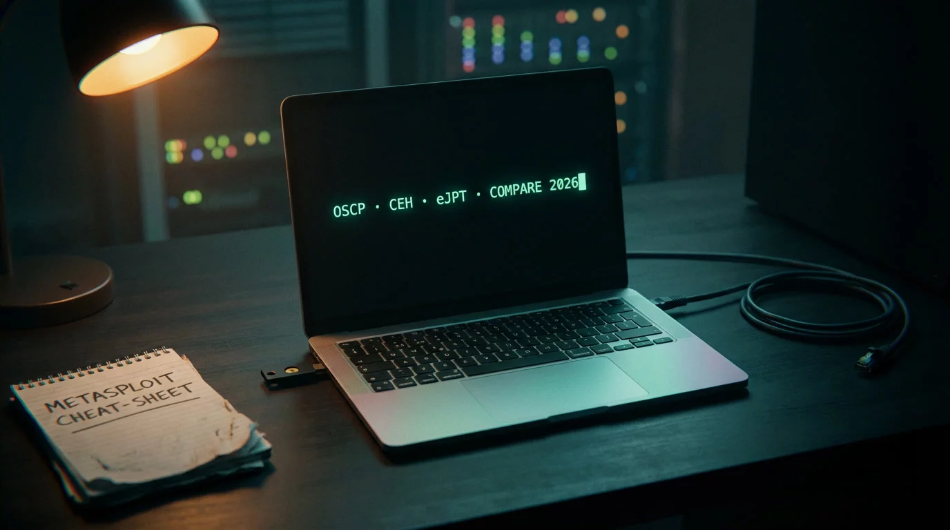 Полуоткрытый ноутбук на тёмном столе с зелёным текстом в терминале. Рядом YubiKey и потрёпанный блокнот, янтарный свет лампы смешивается с синеватым свечением экрана.