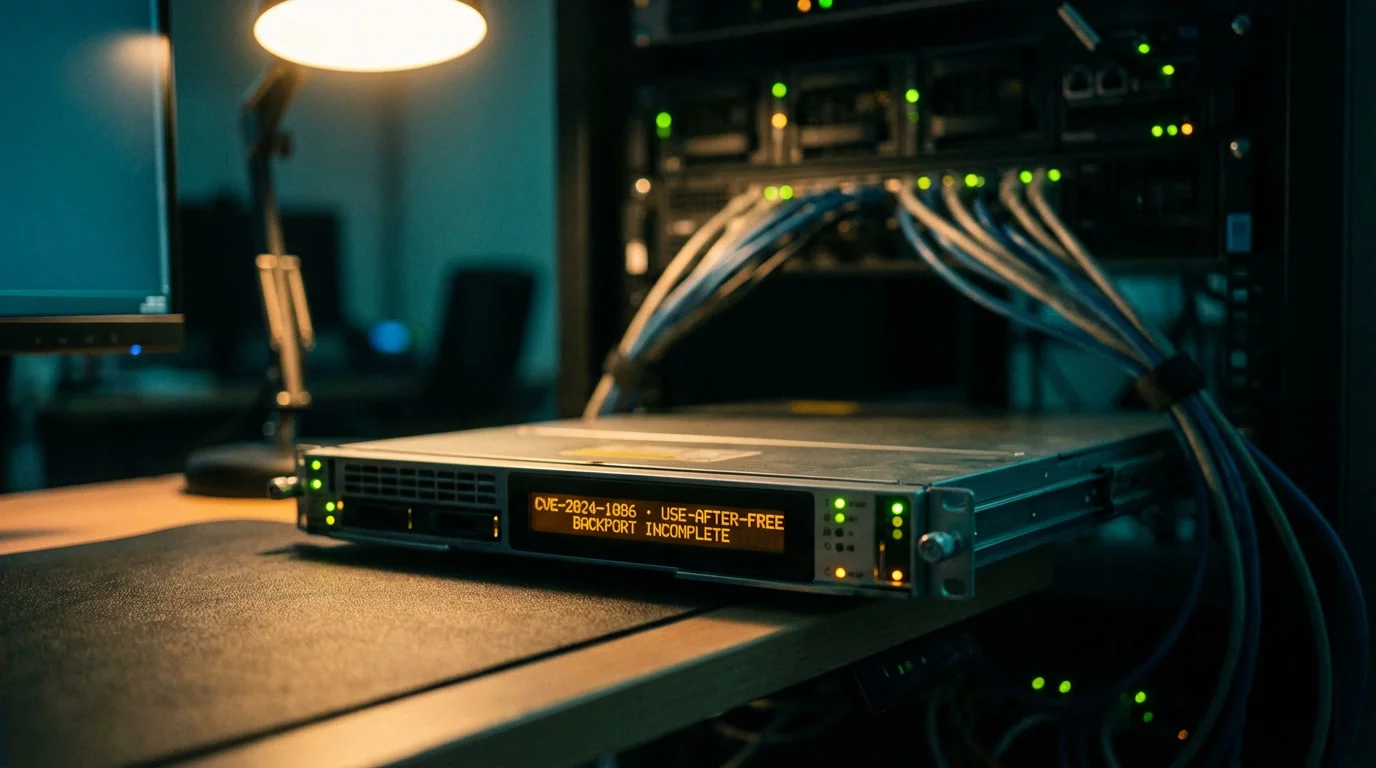 Серверный блейд, наполовину извлечённый из тёмной стойки, с янтарным текстом об уязвимости на ЖК-панели. Тёплый свет лампы и холодное бирюзовое свечение монитора на матовом металле.