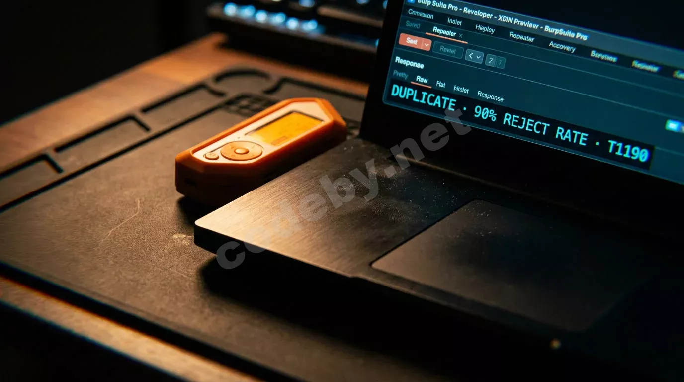 Макросъёмка тёмного рабочего стола пентестера: на экране ноутбука открыт Burp Suite с подсвеченным IDOR-ответом и меткой DUPLICATE 90% REJECT RATE, рядом светится янтарным OLED-дисплеем компактно...